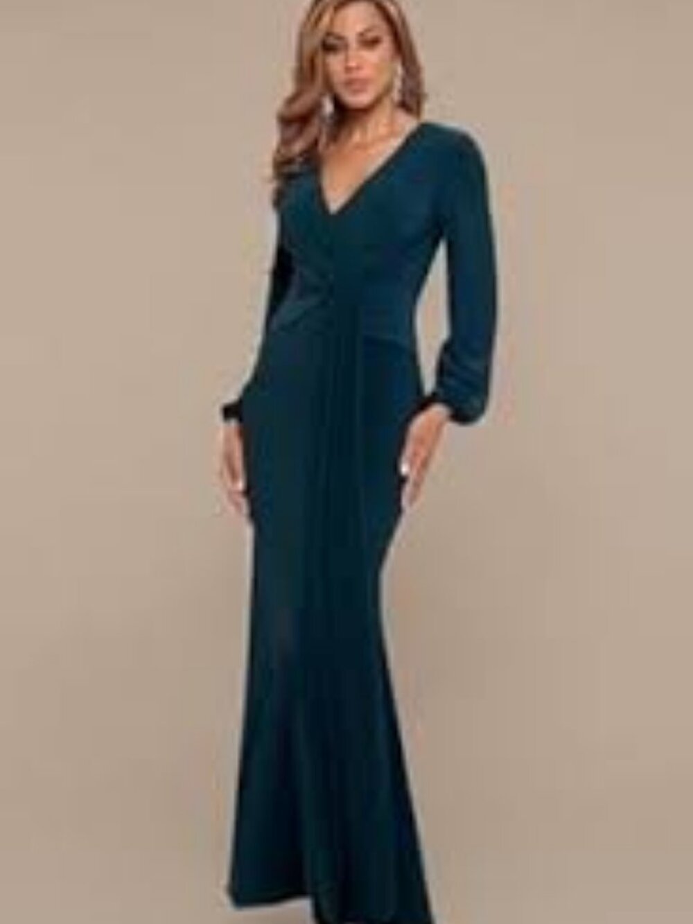 12 - NWT BETSY &  ADAM PINE GREEN CASCADE RUFFLE GOWN - Picture 2 of 4